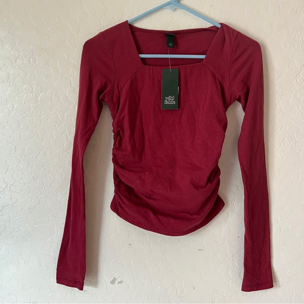 NWT wild fable Deep Wine Red Long-Sleeve Ruched Square Neck Top